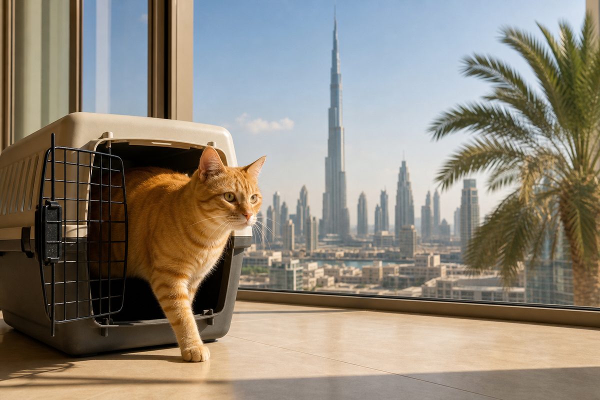 An orange tabby stepping out of a travel crate in a Dubai apartment after inbound relocation