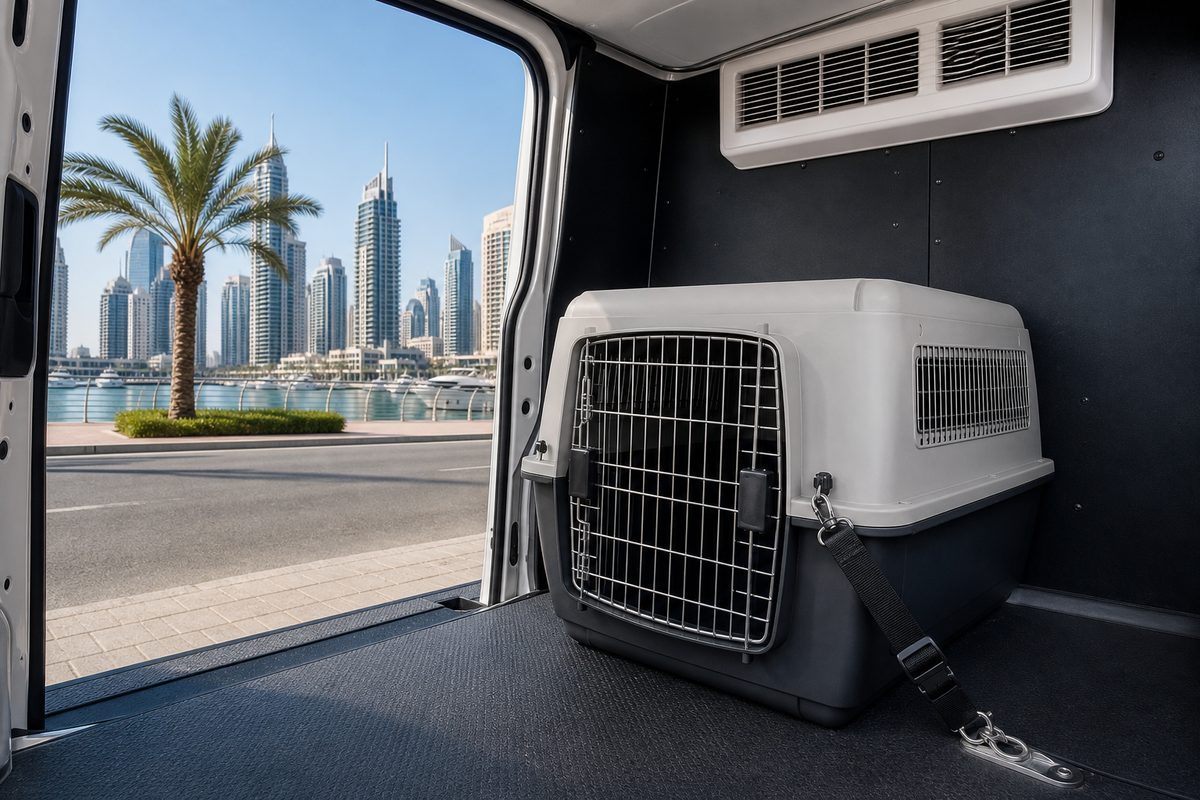 A secured travel crate inside a climate-controlled van with the Dubai skyline outside