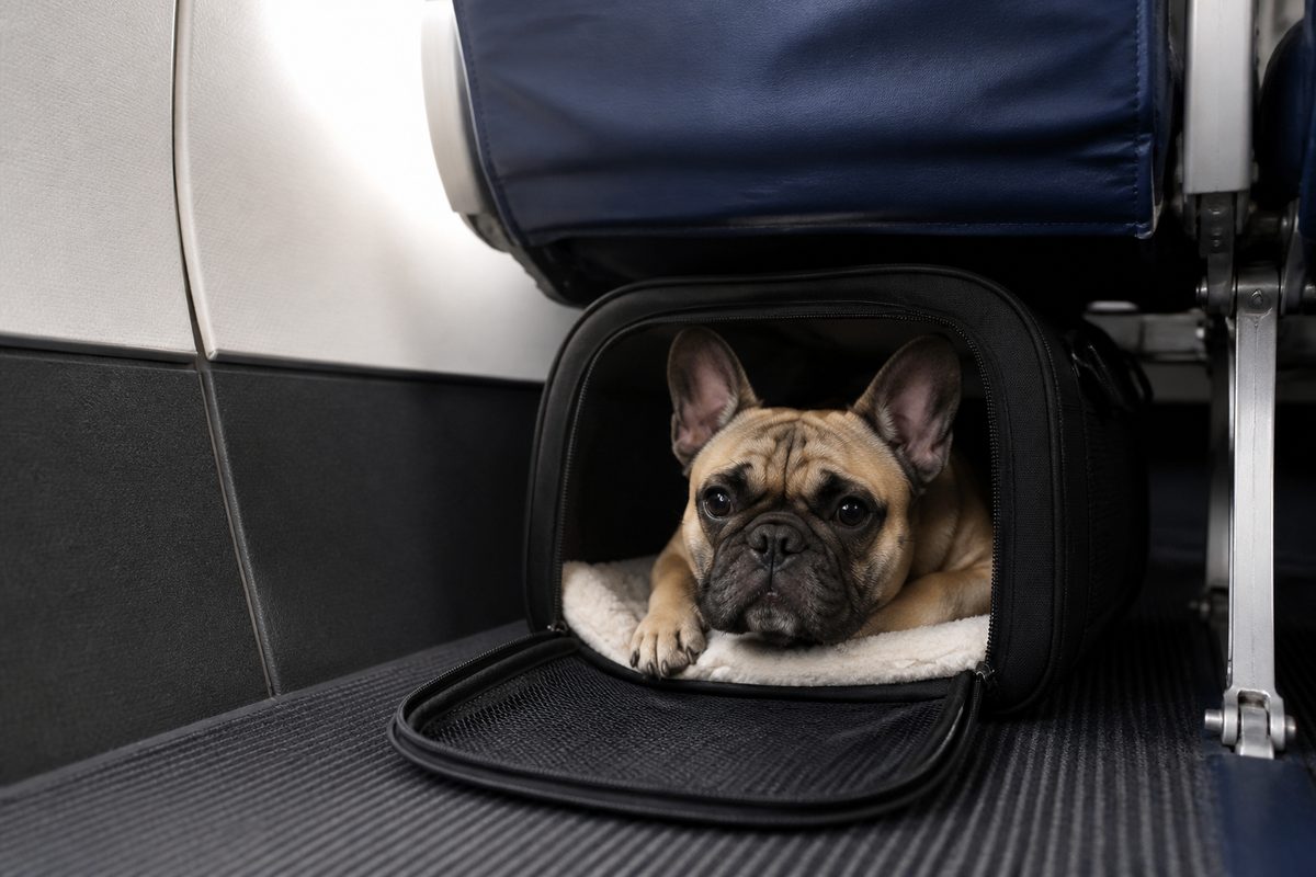 A small dog in an under-seat carrier for in-cabin pet travel