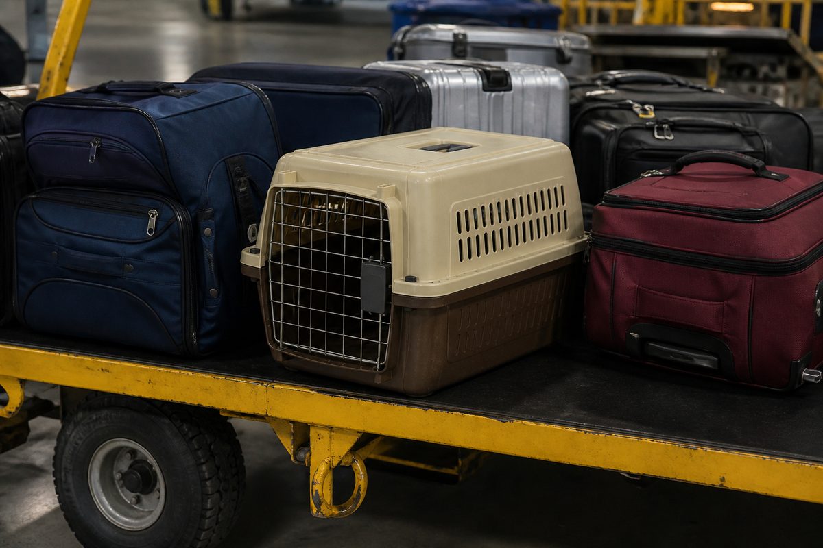 A hard-sided pet crate travelling as accompanied checked baggage