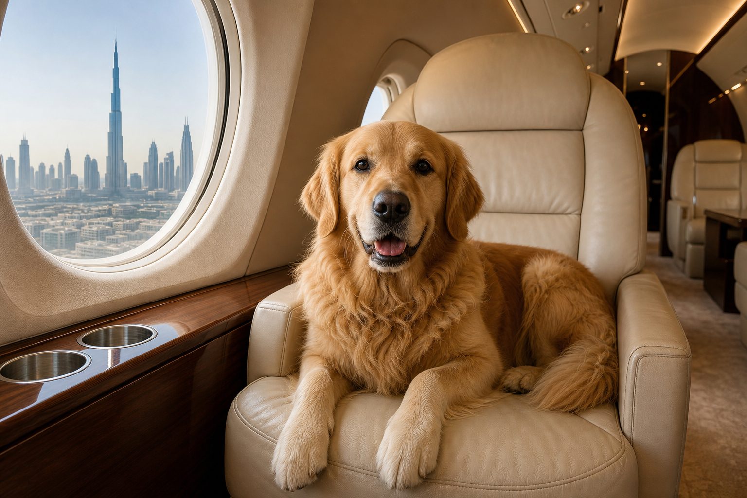 Calm dog lying on a leather seat inside a private aircraft cabin for dedicated-jet pet travel from Dubai