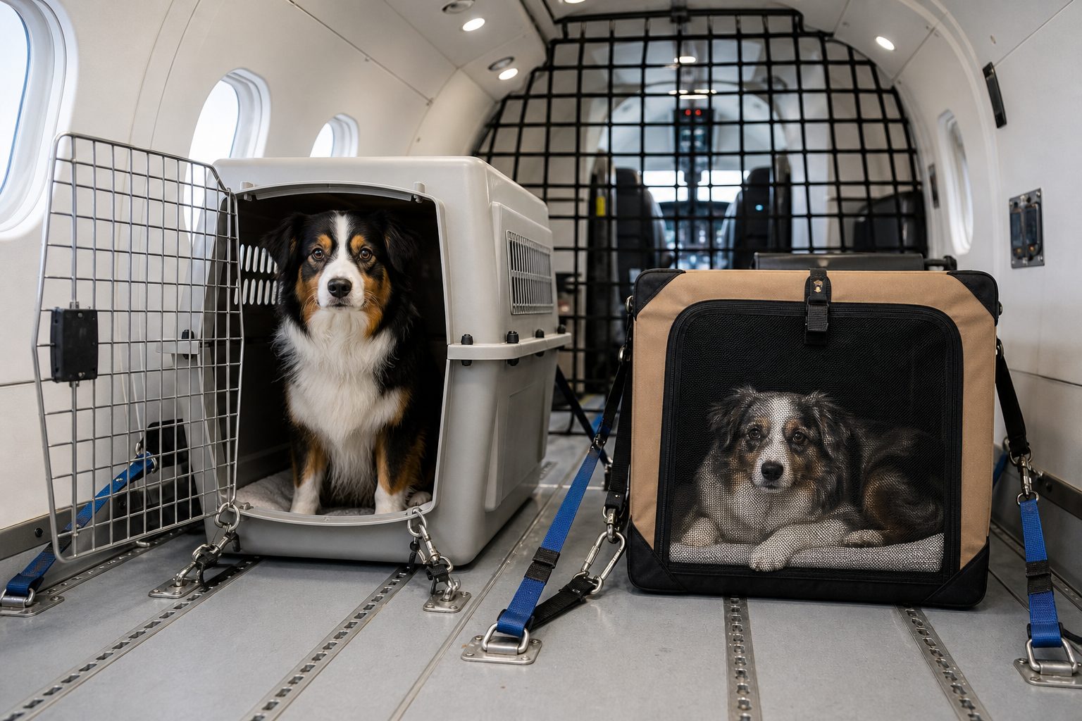 Two calm dogs in travel crates inside a dedicated animal-lift cabin for shared pet charter from Dubai