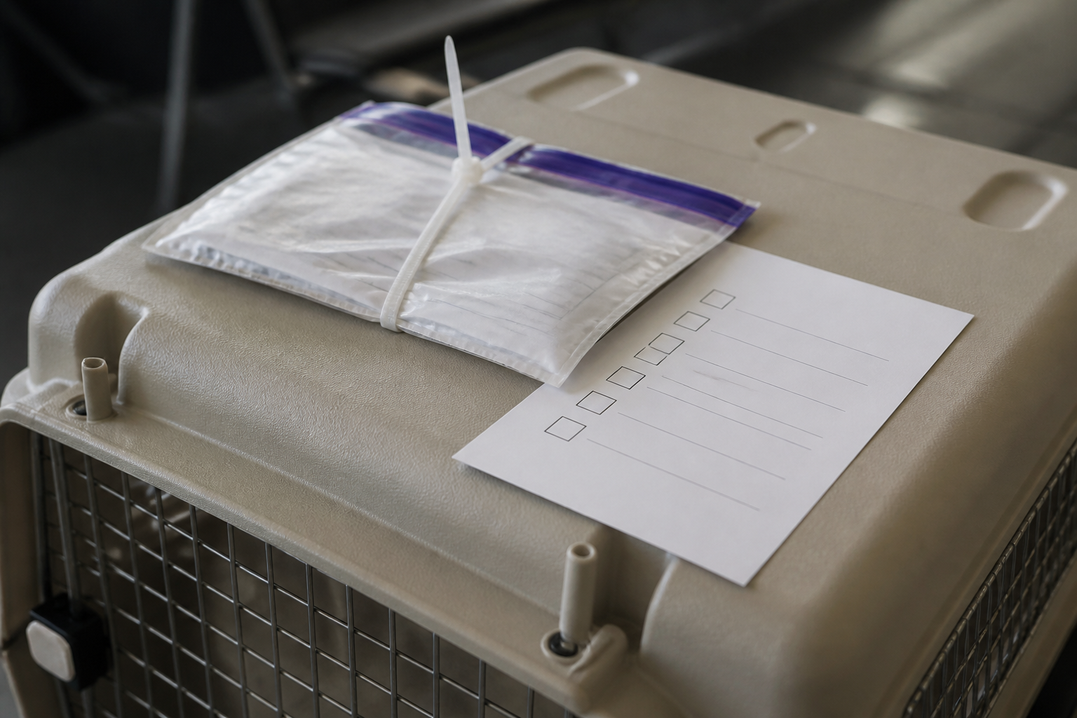 Export documents pouch secured to a pet travel crate before departure from Dubai