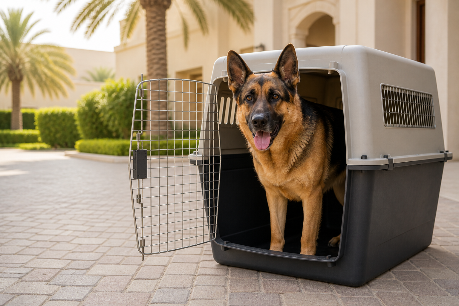German Shepherd standing in an open IATA travel crate before dog relocation from Dubai