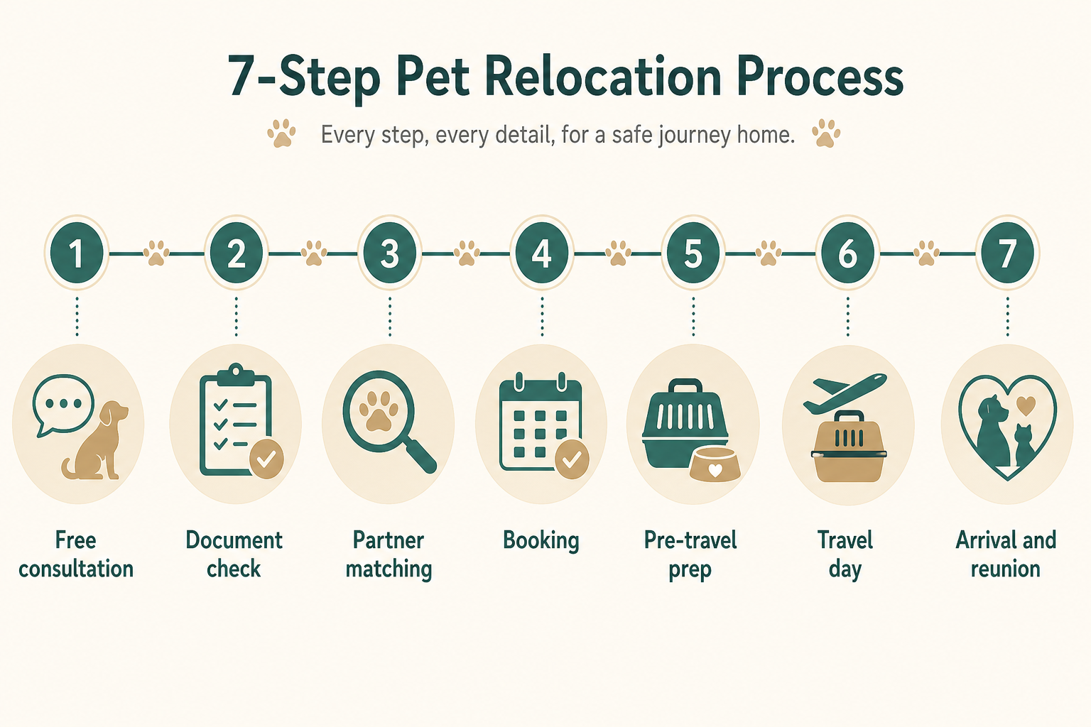 Diagram of the 7-step Dubai pet relocation process from free consultation to home reunion