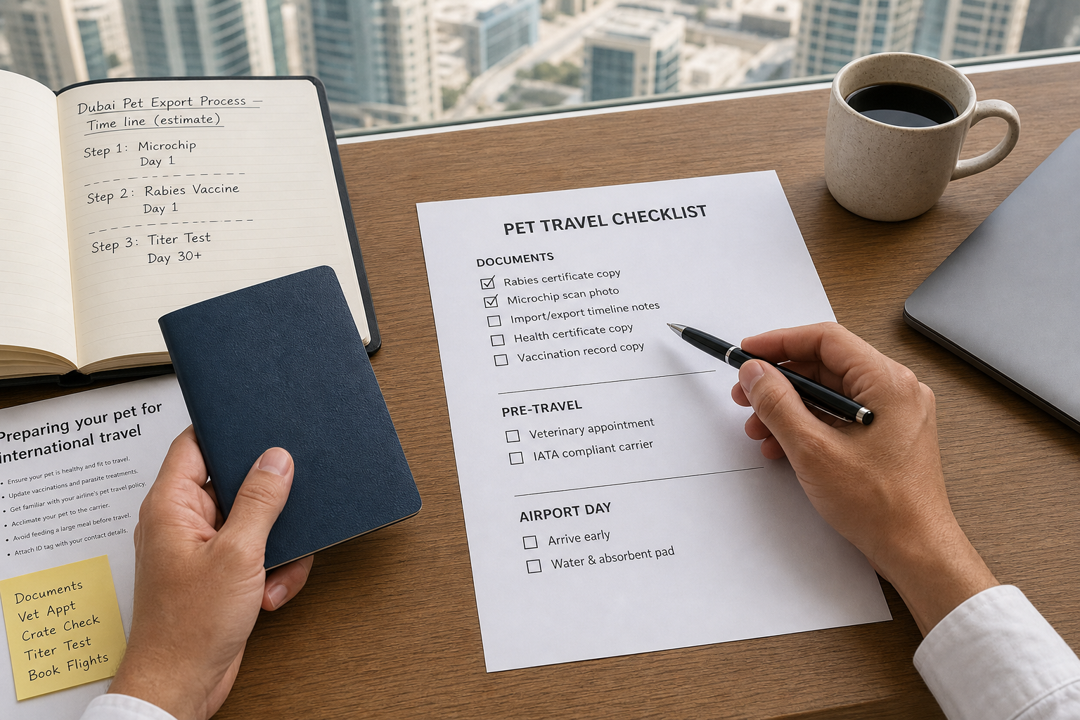 Hands reviewing a pet travel checklist for a MOCCAE permit application