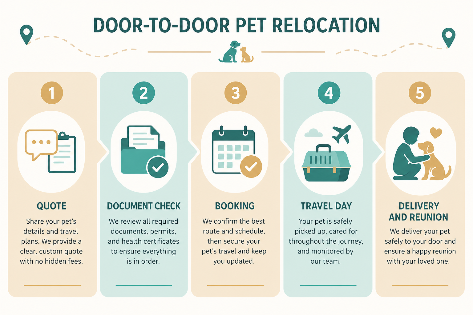 Five-stage pet relocation process in Dubai: quote, documents, booking, travel day, delivery