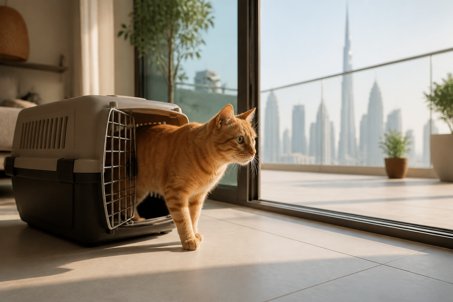 Cat stepping out of its travel crate into a new Dubai apartment after relocating to Dubai