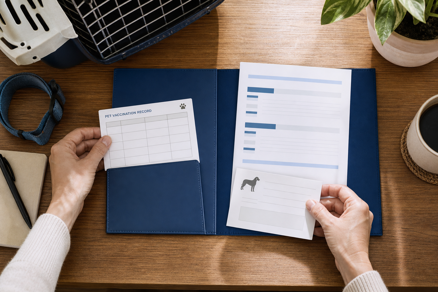 Pet import document folder for Dubai: vaccination records, microchip certificate and itinerary