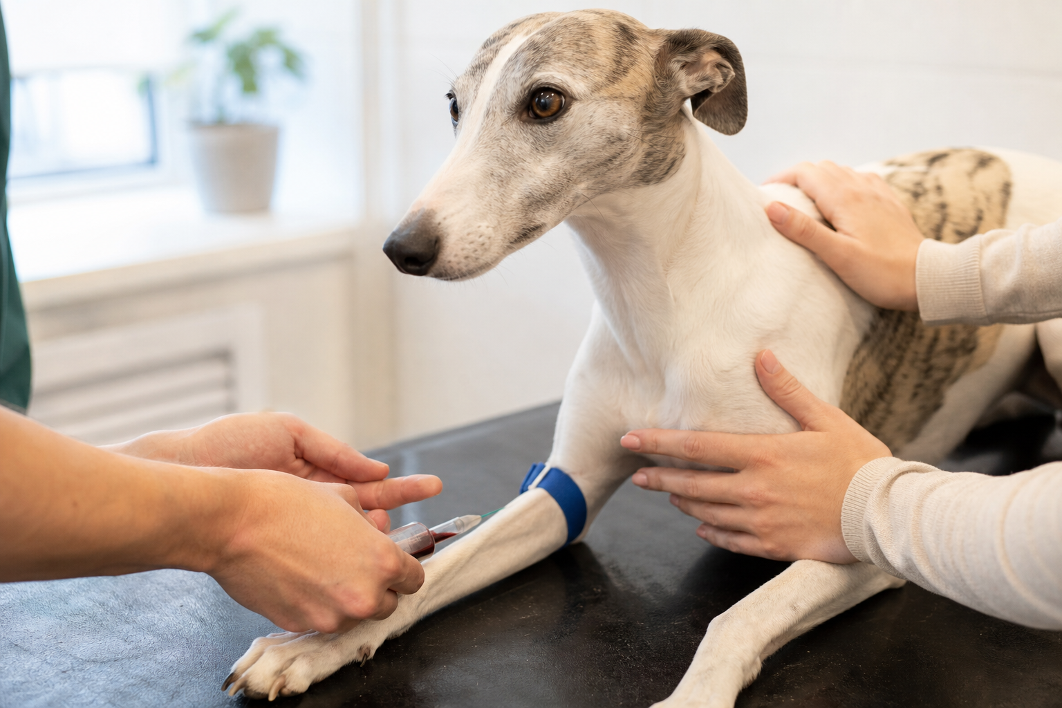 Calm whippet having a blood sample taken for a rabies titer test at a vet clinic