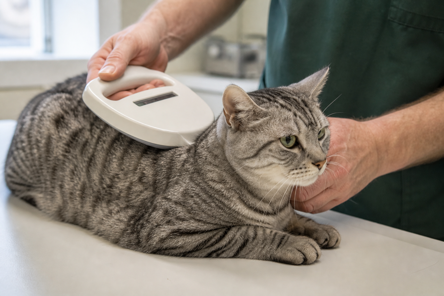Vet scanning a cat's microchip during UAE pet import preparation
