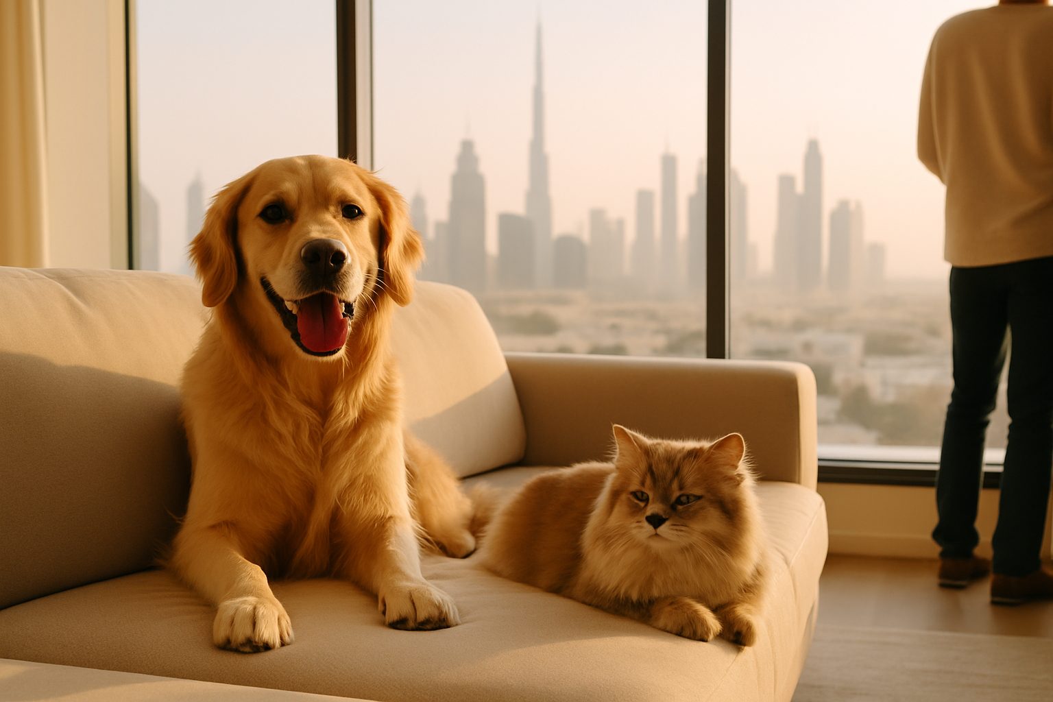 A happy dog and cat relaxing at home in Dubai, well cared for during their relocation