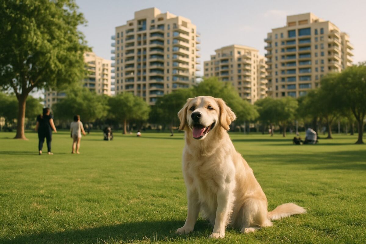 A happy dog at Al Barsha Pond Park with Mall of the Emirates behind — pet relocation in Al Barsha