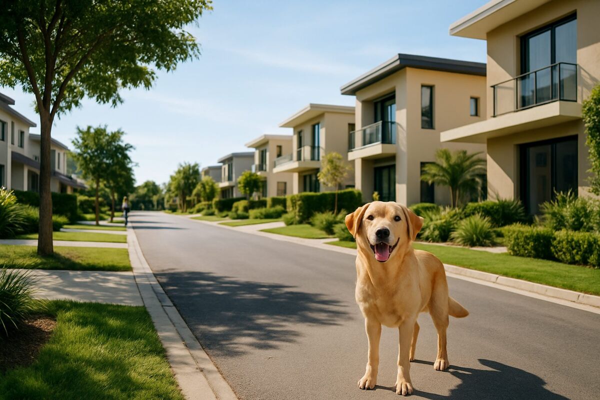 A dog in the garden of an Al Furjan townhouse with the community’s villas behind — pet relocation in Al Furjan