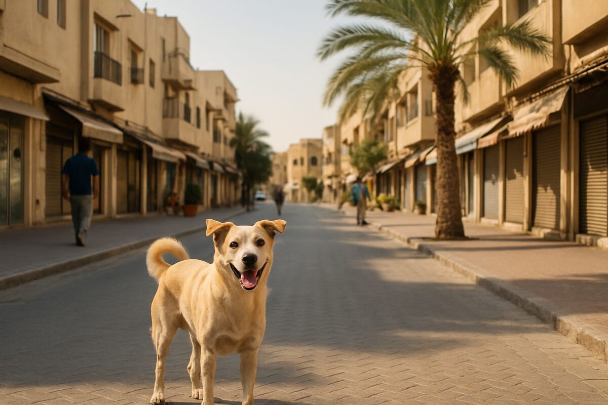 A happy dog on a quiet low-rise Al Satwa street — pet relocation in Al Satwa