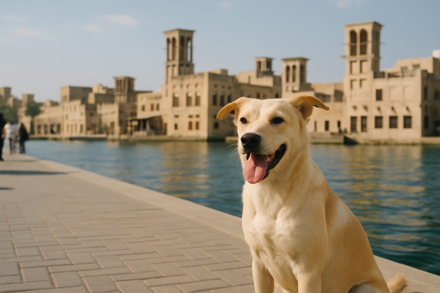 A happy dog along Dubai Creek with the historic Bur Dubai waterfront behind — pet relocation in Bur Dubai
