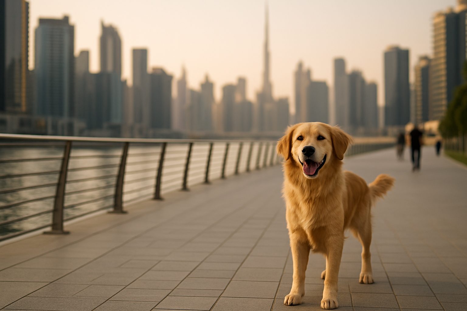 A happy dog beside the Dubai Water Canal with Business Bay high-rise towers behind — pet relocation in Business Bay