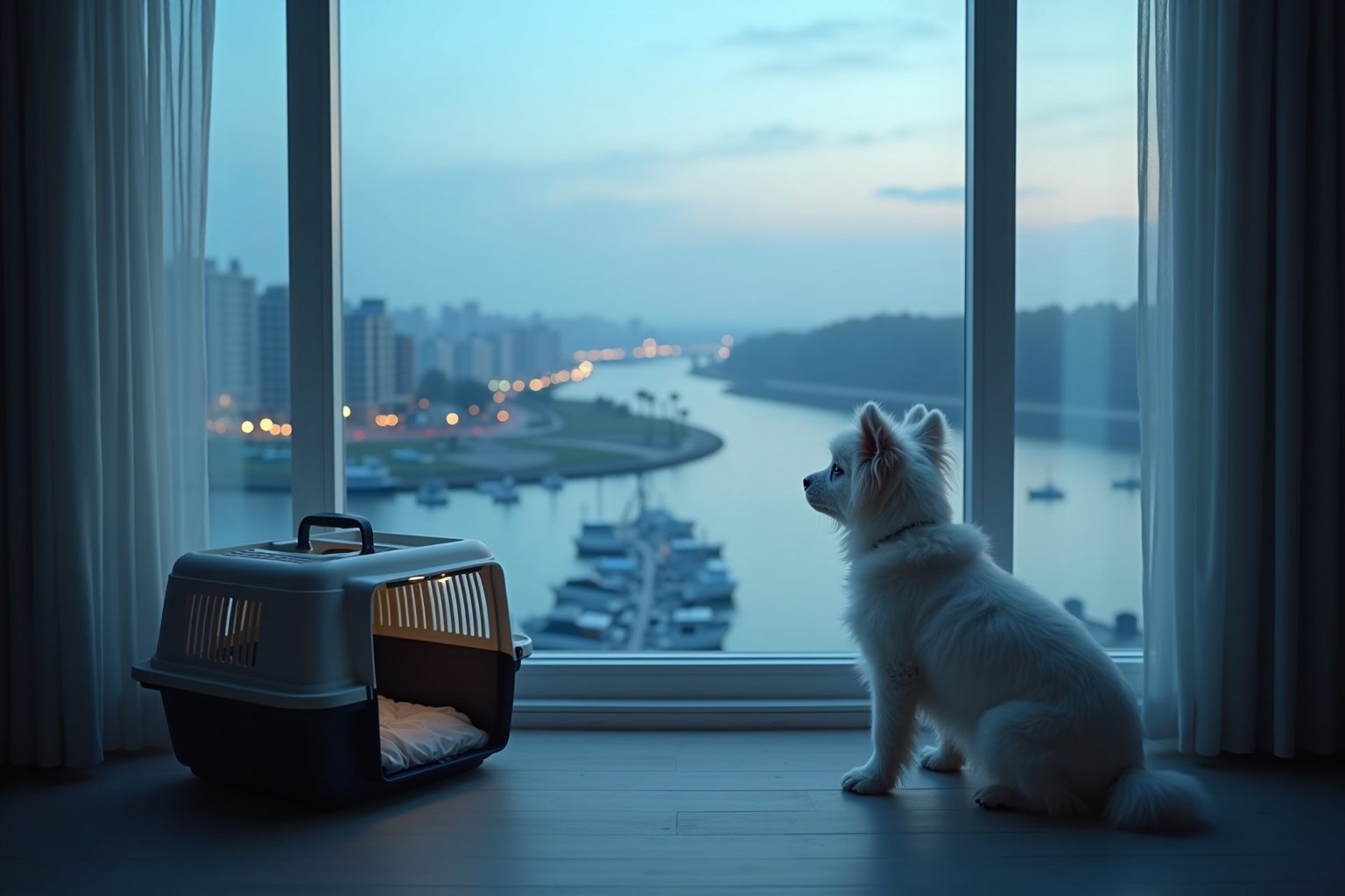 A happy dog on a waterfront promenade with Dubai Creek Harbour towers behind — pet relocation in Dubai Creek Harbour