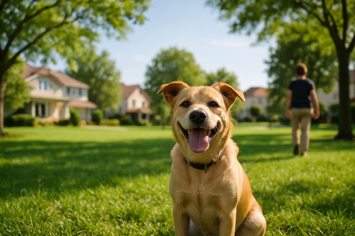 A large dog on a green lawn in front of a DAMAC Hills 2 townhouse — pet relocation in DAMAC Hills 2
