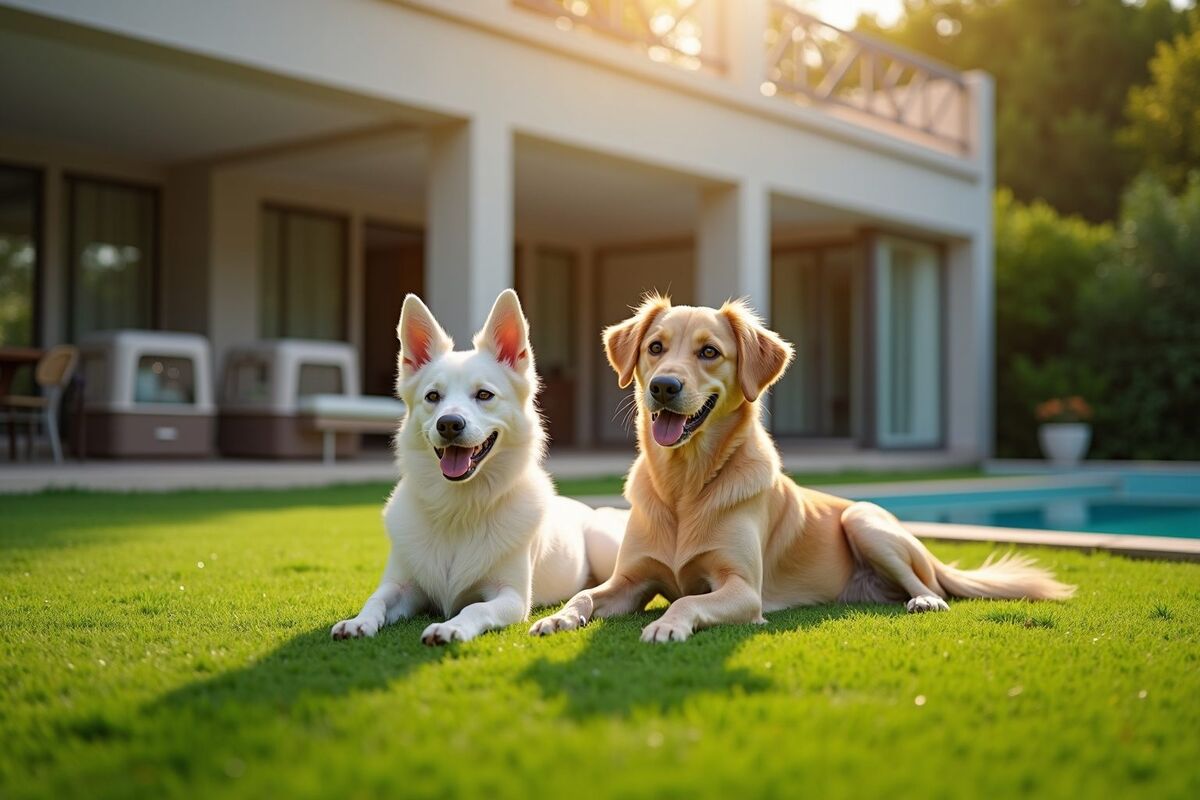 A large dog in a private villa garden in DAMAC Hills with the golf community behind — pet relocation in DAMAC Hills