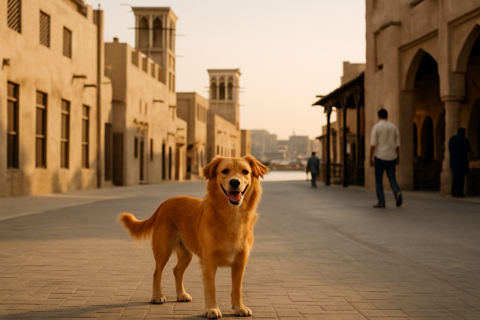 A happy cat with the historic creek-side skyline of Deira behind — pet relocation in Deira, Dubai