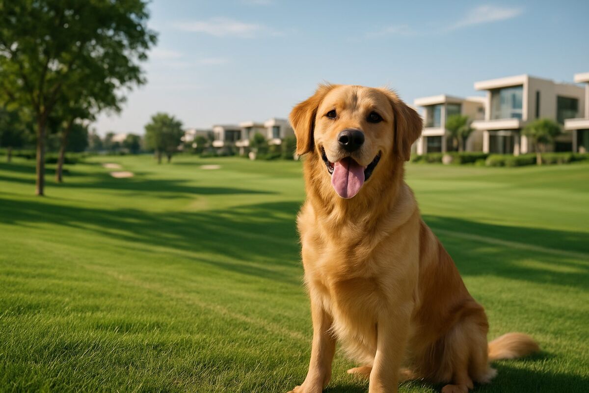 A happy dog on a green lawn with Dubai Hills Estate villas behind — pet relocation in Dubai Hills Estate