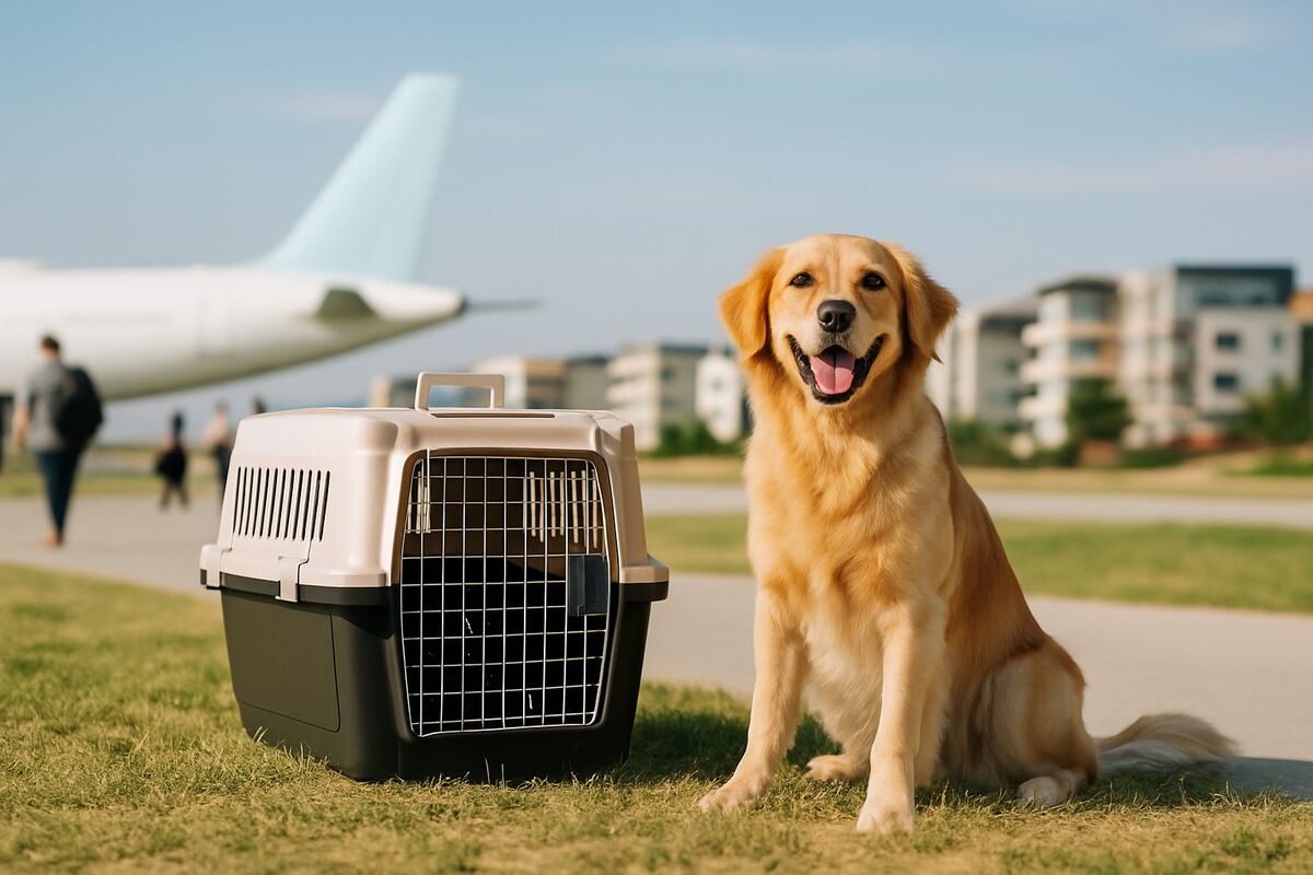 A happy dog with new Dubai South community buildings and DWC airport in the distance — pet relocation in Dubai South