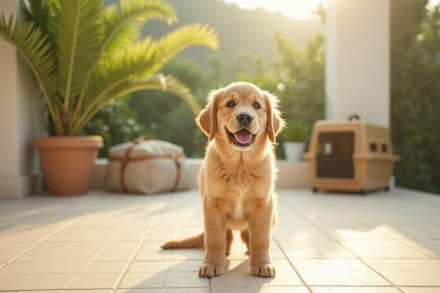 A large dog playing on a green lawn in a Dubailand villa community — pet relocation in Dubailand