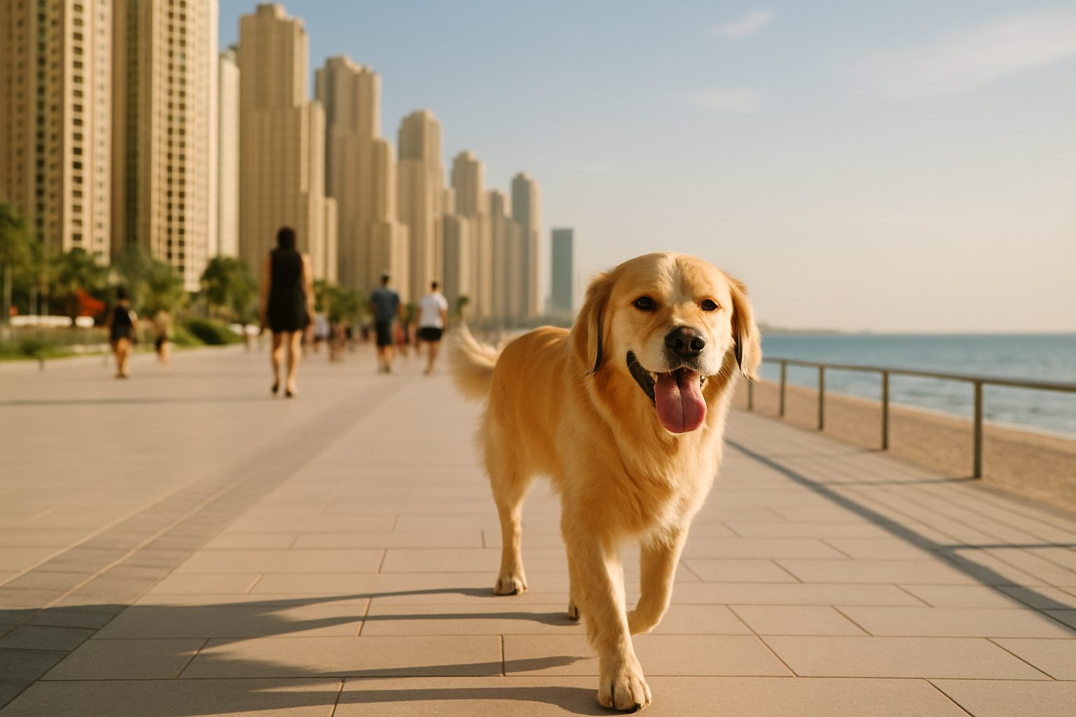 A happy dog on the beachfront promenade with the JBR towers behind — pet relocation in Jumeirah Beach Residence