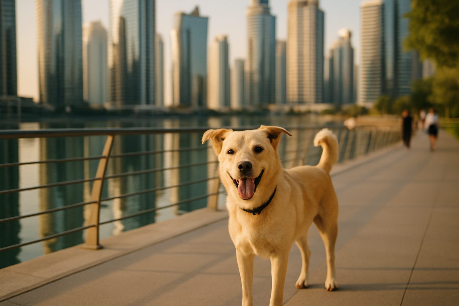 A happy dog by the JLT lakes with cluster towers behind — pet relocation in Jumeirah Lakes Towers