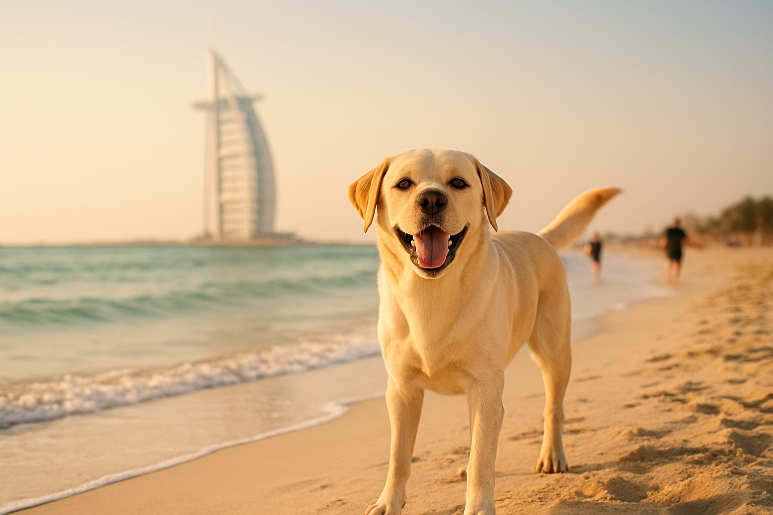 A happy dog on a Jumeirah beachfront with low-rise villas behind — pet relocation in Jumeirah