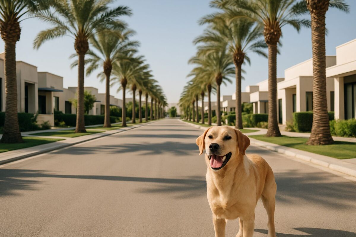A large dog in a quiet townhouse garden in Jumeirah Village Triangle — pet relocation in JVT