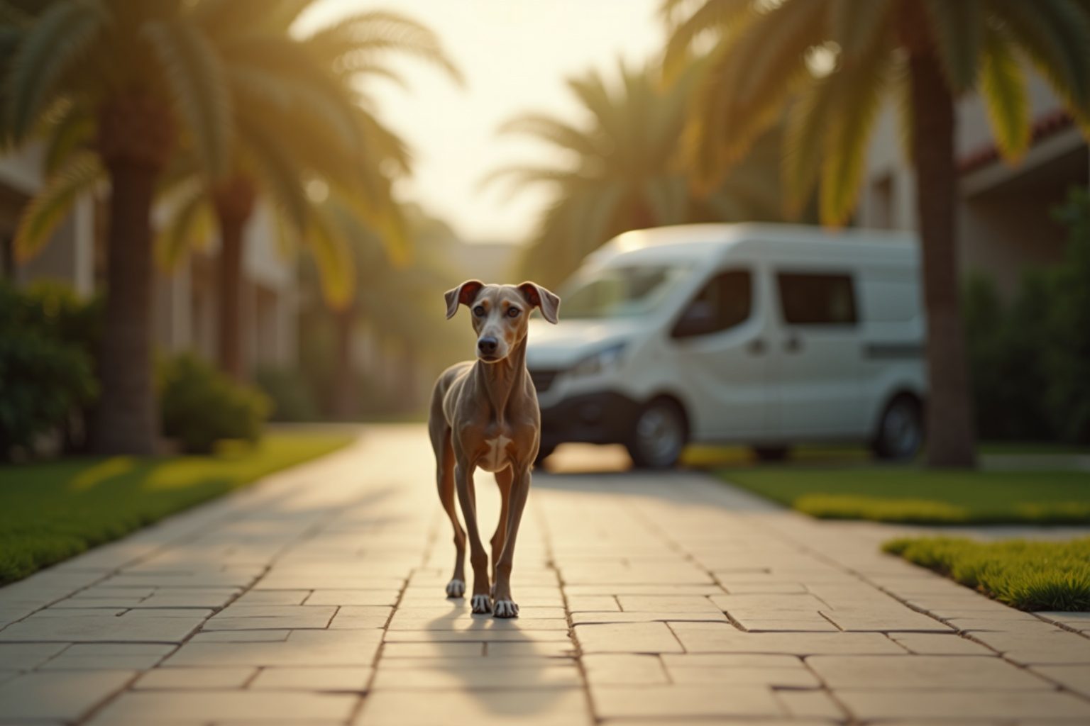 A happy dog on a manicured lawn with the Meydan racecourse grandstand behind — pet relocation in Meydan