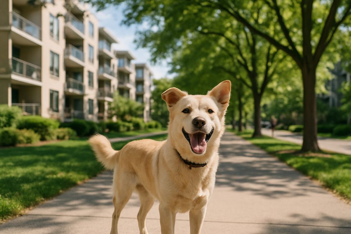 A happy dog on a tree-lined Motor City street in Dubai — pet relocation in Motor City
