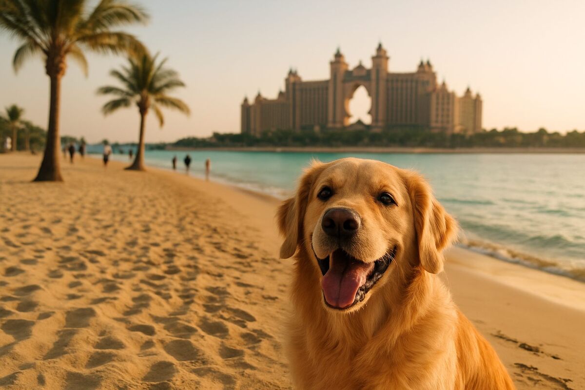 A happy dog on a Palm Jumeirah beachfront with the Atlantis resort behind — pet relocation on Palm Jumeirah