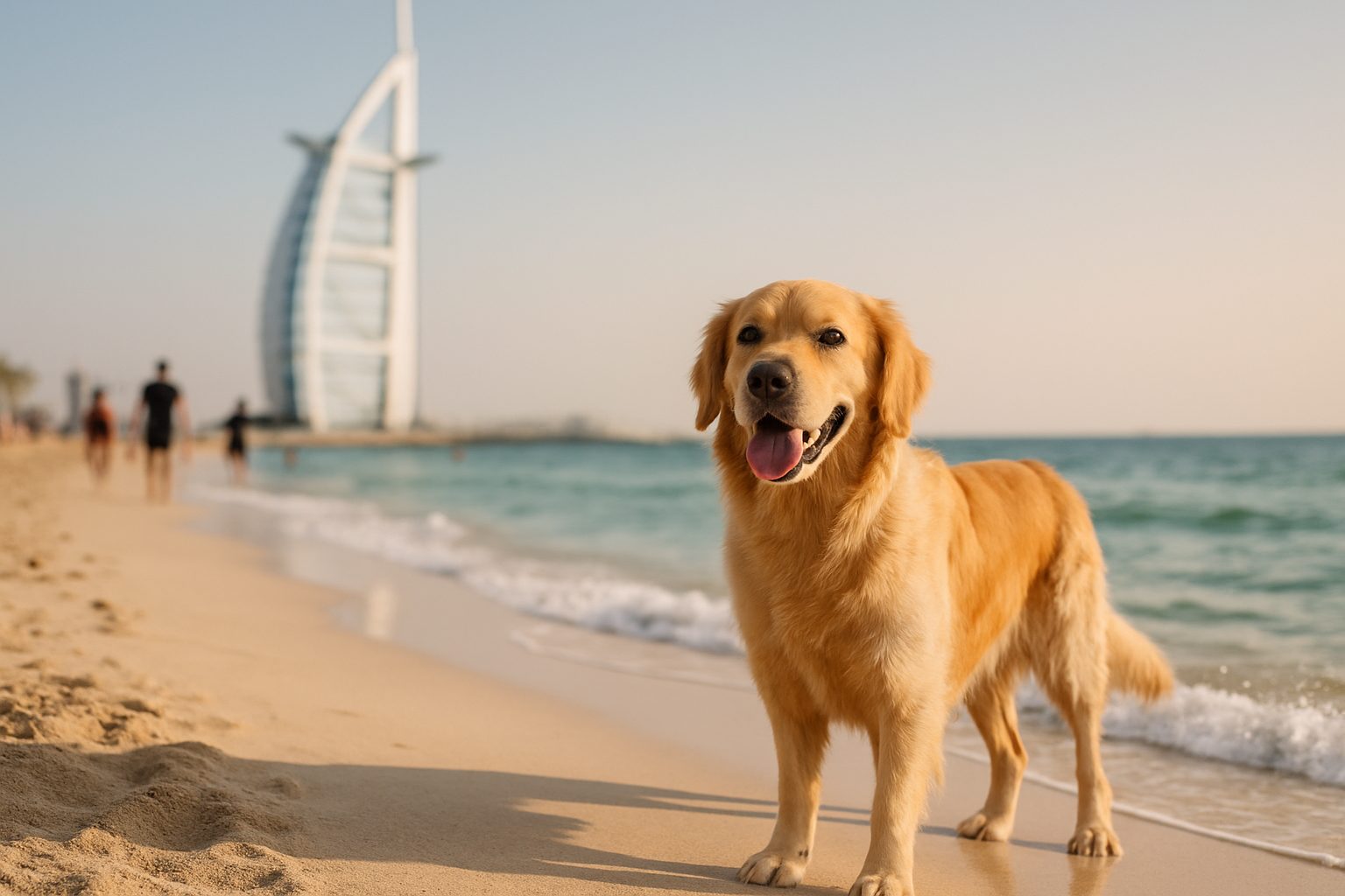 A happy dog on the sand near Kite Beach with the Burj Al Arab behind — pet relocation in Umm Suqeim