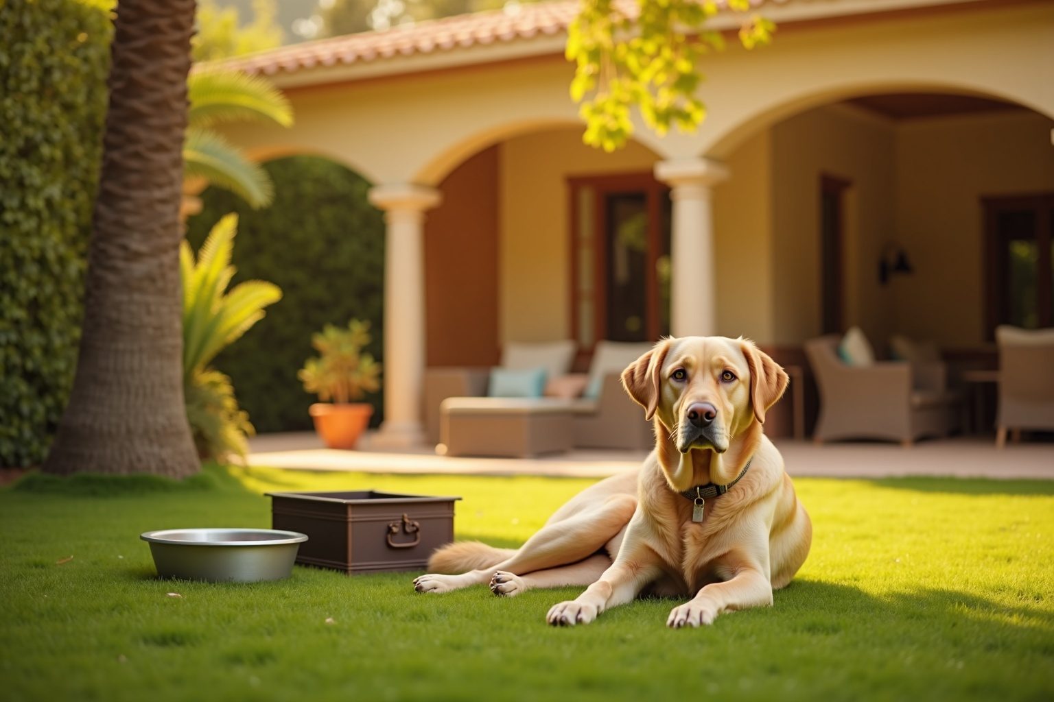 A large dog resting on a green lawn beside a Victory Heights villa with the golf course behind — pet relocation in Victory Heights