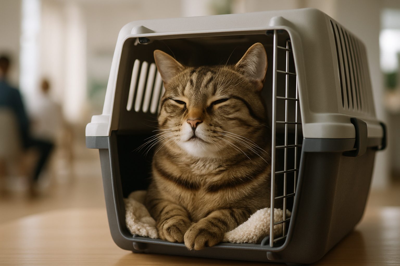 A calm cat inside an IATA-approved travel crate, ready for a safe journey to Dubai.