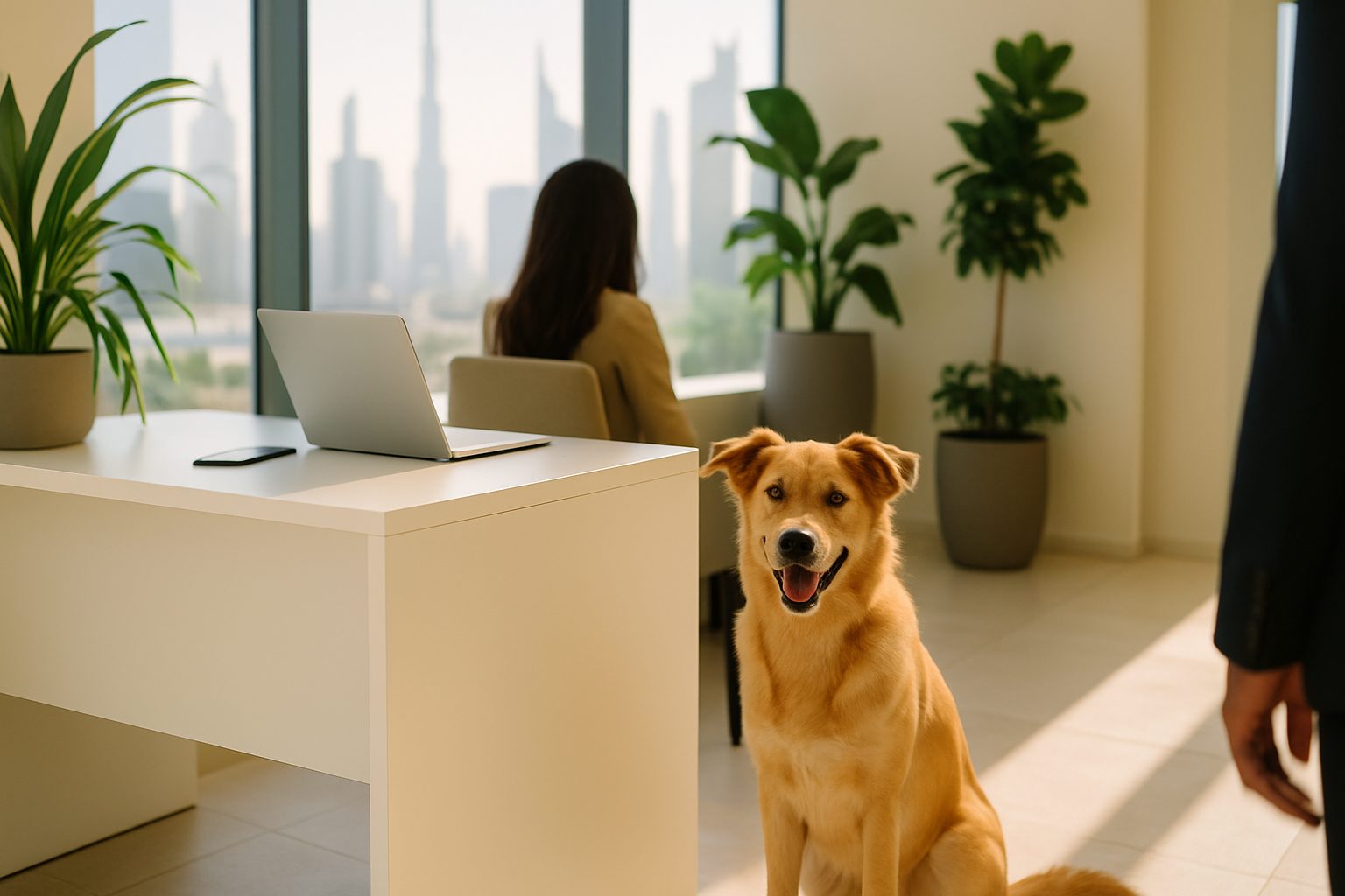 A friendly dog beside a welcoming Dubai office desk, ready to help with your pet relocation
