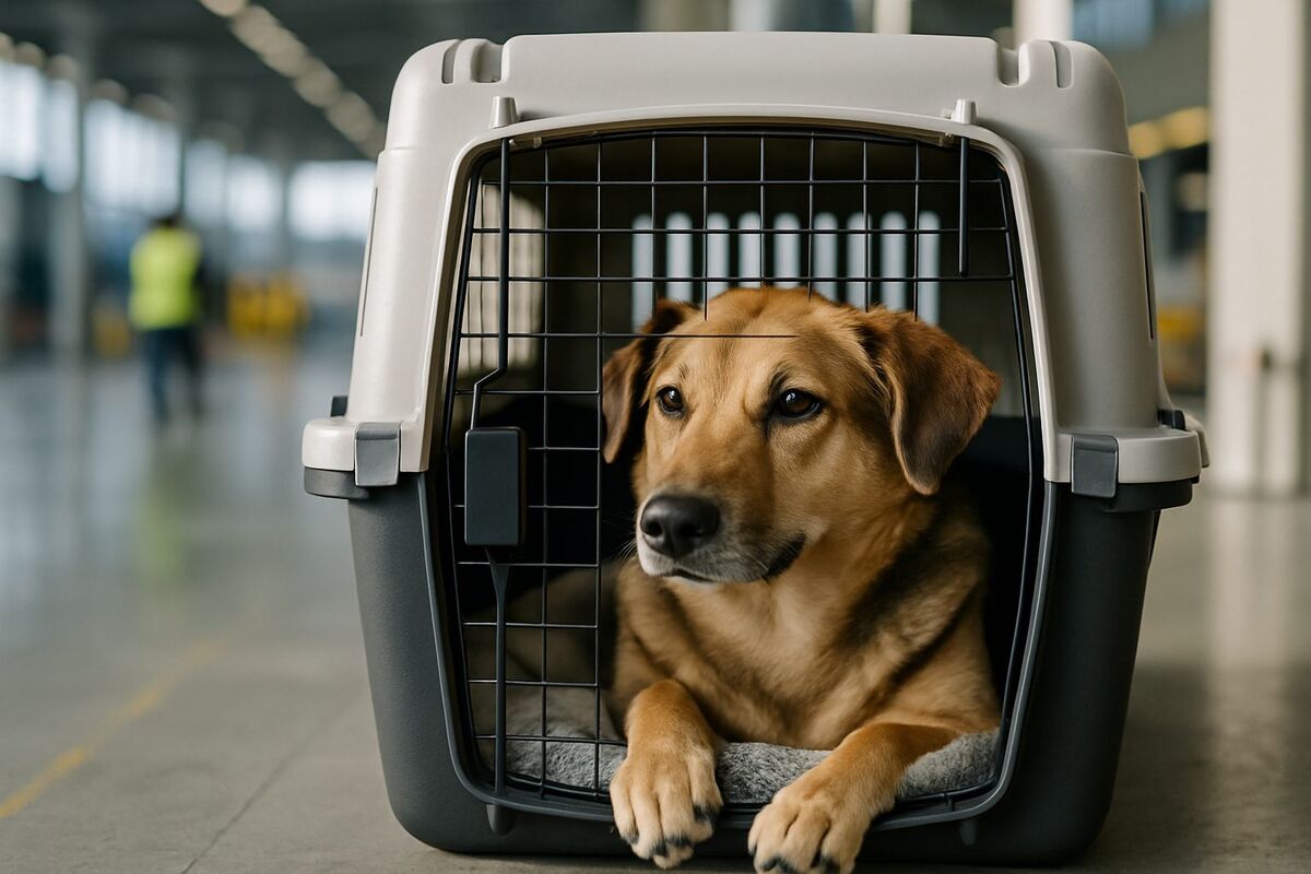A dog in a hard travel crate of the kind used when a pet travels as accompanied hold baggage