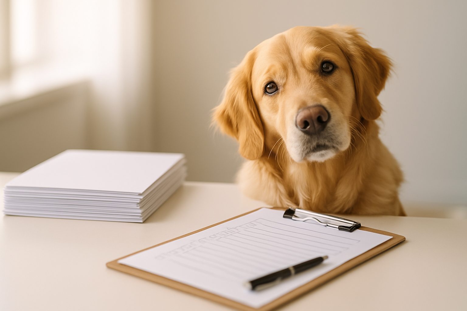 A golden retriever beside pet relocation documents and a checklist, representing clear answers