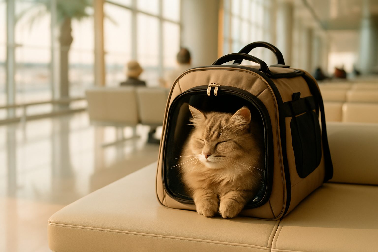 A calm cat inside an IATA-approved travel crate, ready for a safe journey to Dubai.