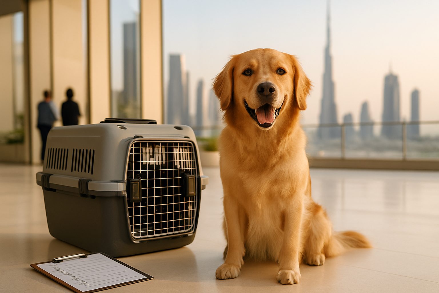 A dog beside a travel crate and a checklist, representing the step-by-step relocation process