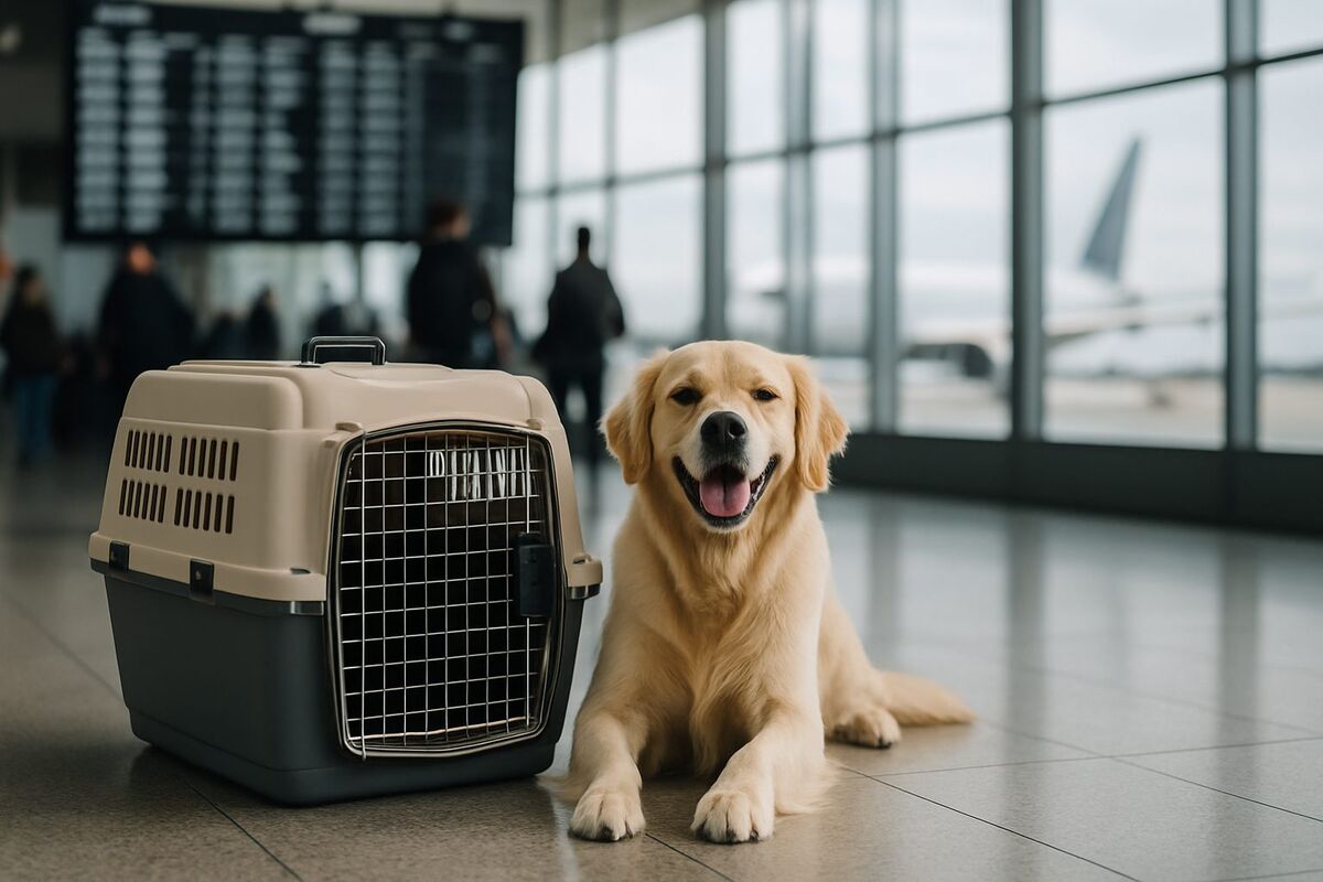 A calm dog and cat beside a travel crate with a world map and aircraft in the background — international pet relocation in Dubai