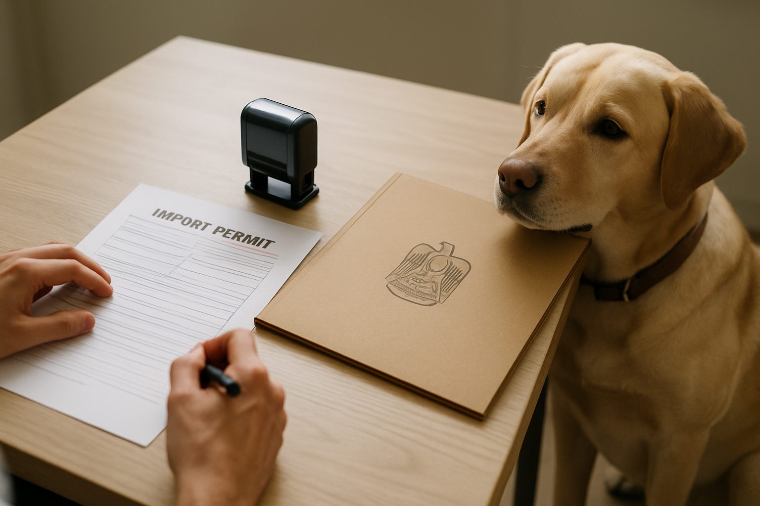 MOCCAE pet permit application folder being prepared on a coordinator desk in Dubai (placeholder until an original workspace photo is shot)