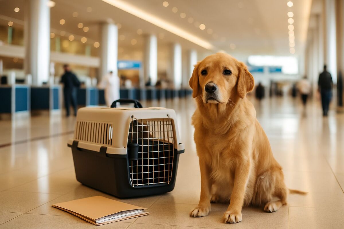 Pet travel crates being handled in a Dubai air-cargo warehouse during pet import clearance (placeholder until an original cargo-facility photo is shot)