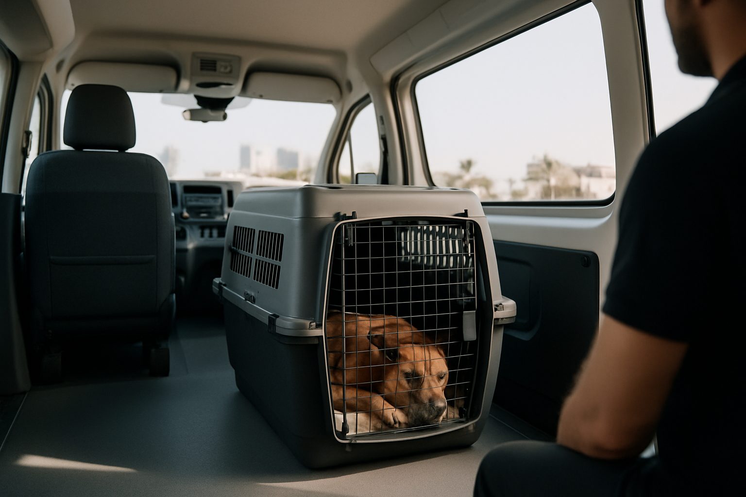 Interior of an unbranded climate-controlled van with a secured travel crate for pet taxi service in Dubai