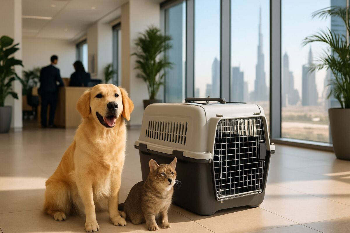 A happy dog and cat beside a travel crate in a welcoming Dubai pet relocation office
