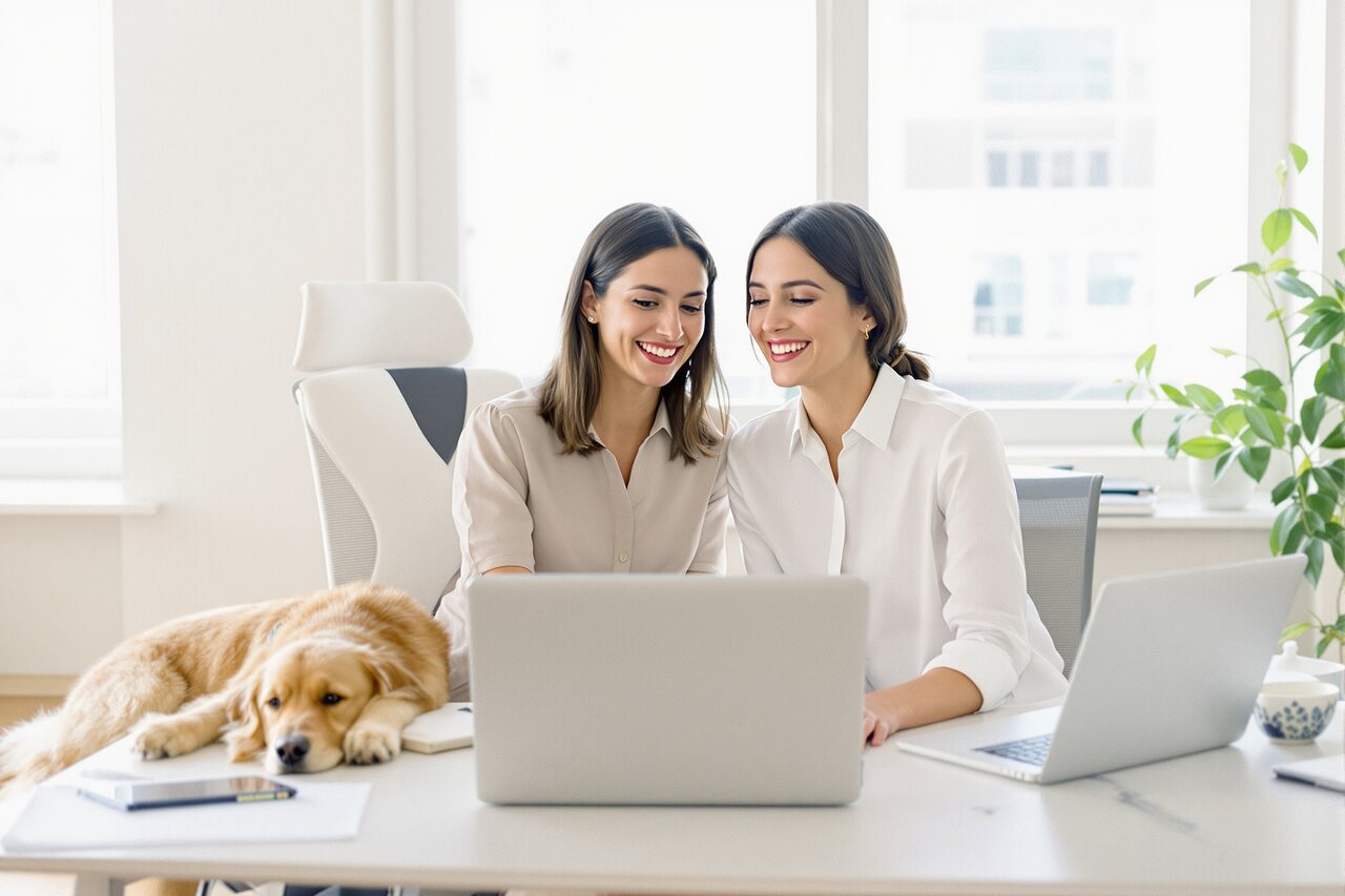 Pet relocation coordinators working together at a laptop with a calm dog resting nearby